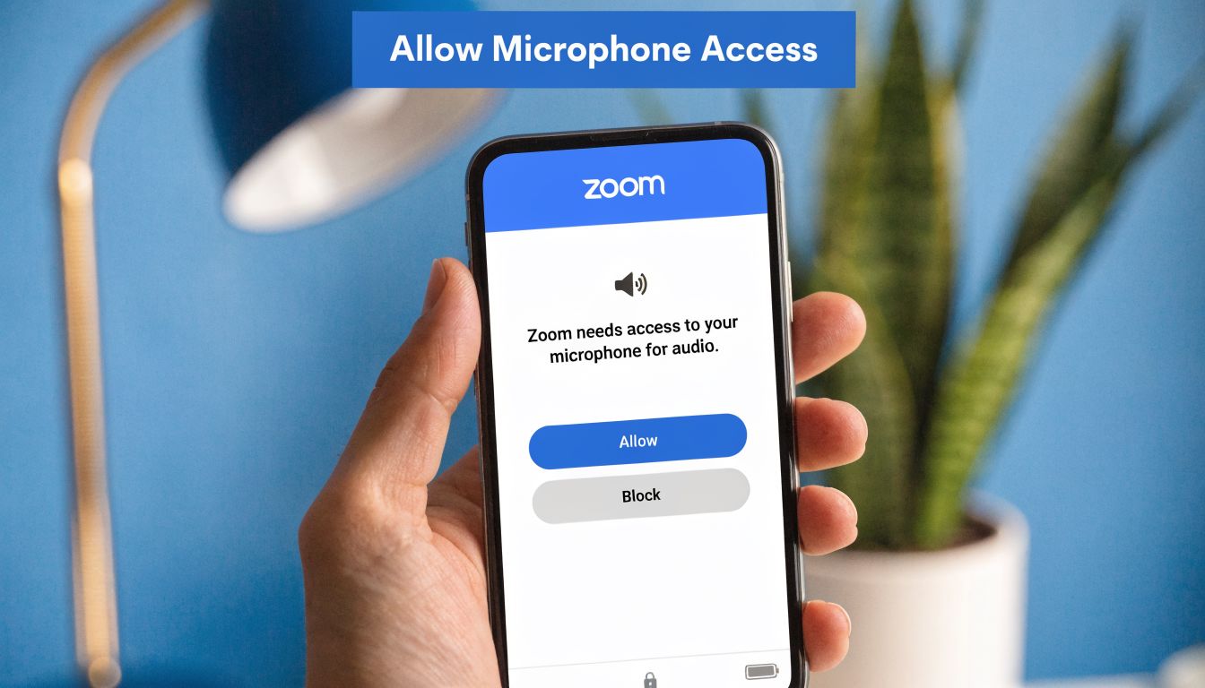A hand holding a smartphone displaying a Zoom microphone access permission prompt to enable audio during meetings.
