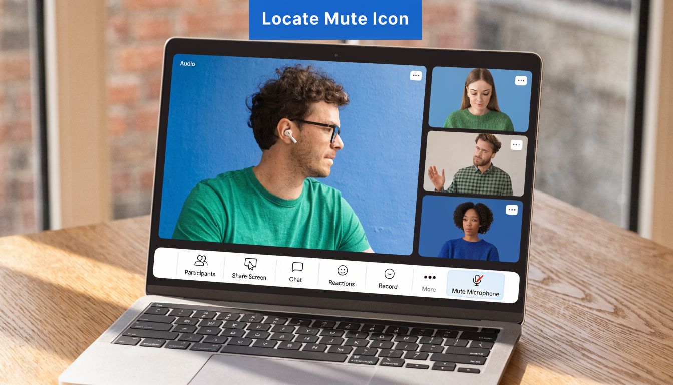 A laptop screen displaying a video conferencing interface with a mute microphone button highlighted in the toolbar.