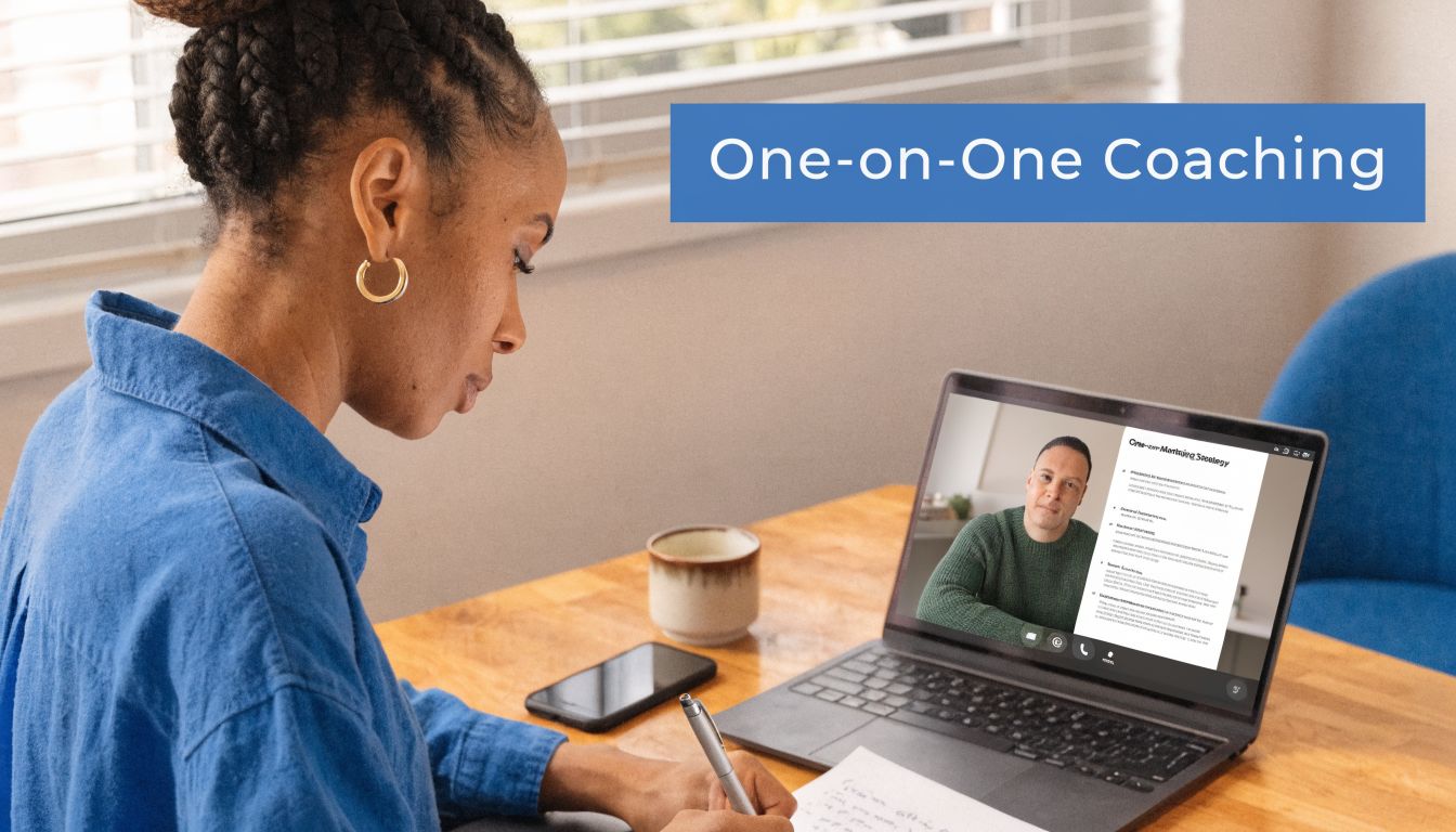 A woman participating in an online one-on-one coaching session on her laptop while taking notes.