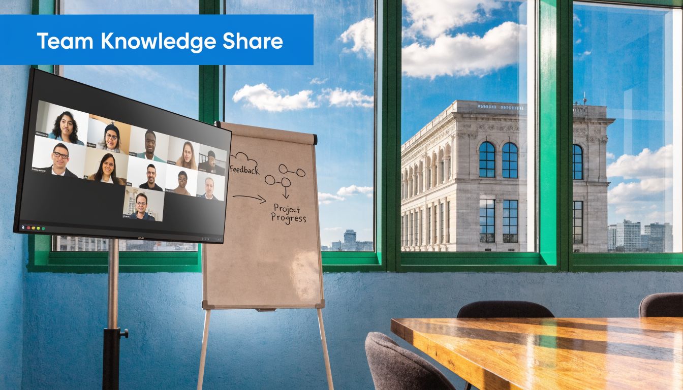 A modern office space featuring a screen for virtual team meetings and a whiteboard for collaboration.