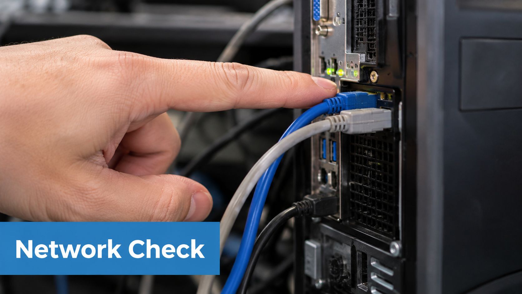 A close-up of a hand checking a blue ethernet cable connected to a computer server port.