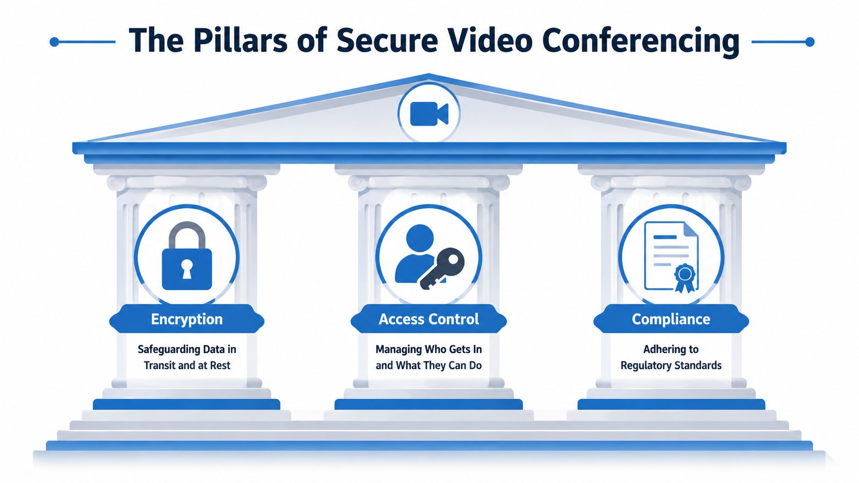An infographic representing the three pillars of secure video conferencing: Encryption, Access Control, and Compliance.