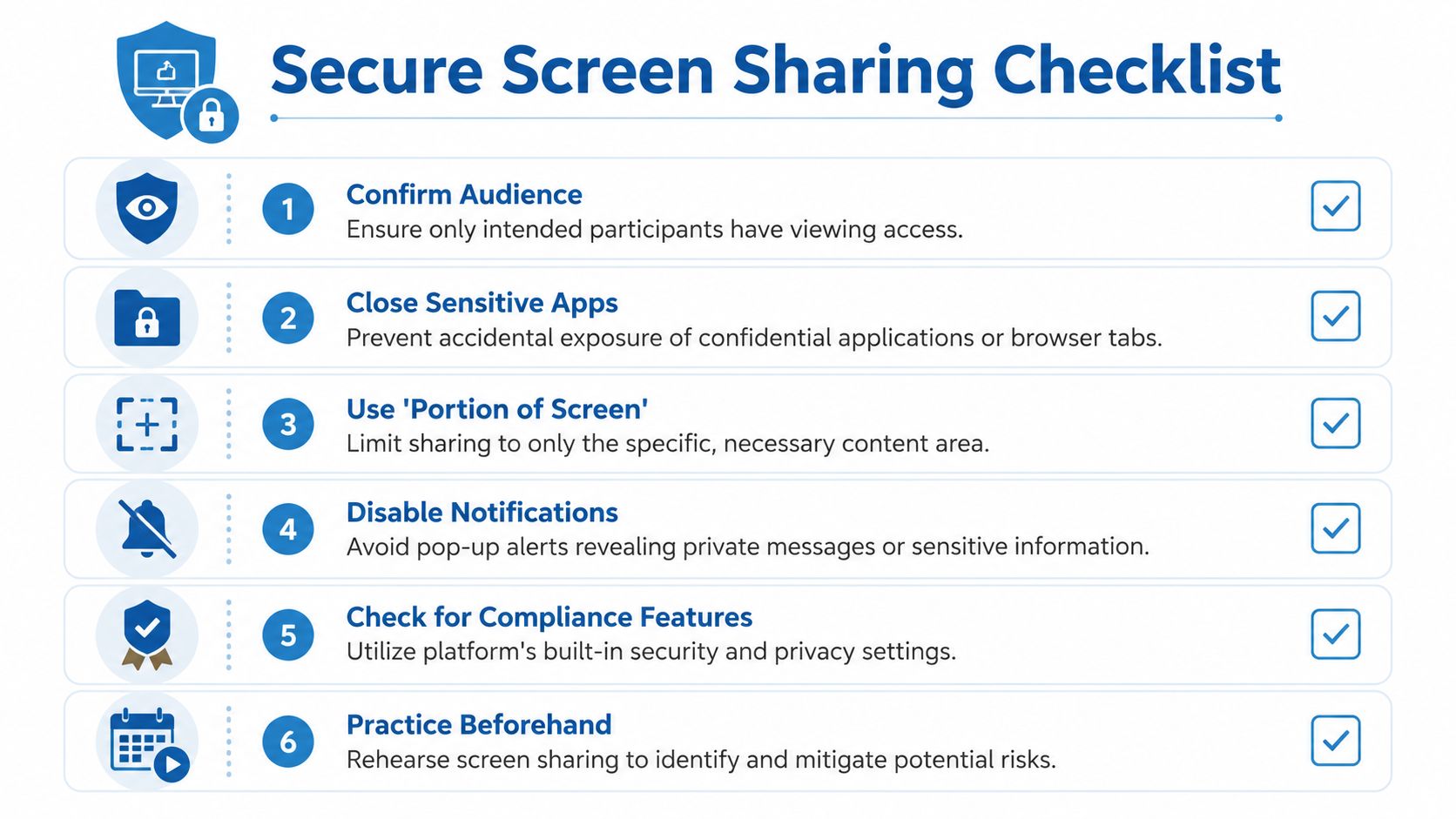 A six-point infographic titled Secure Screen Sharing Checklist outlining safety tips for protecting information during screen sharing.