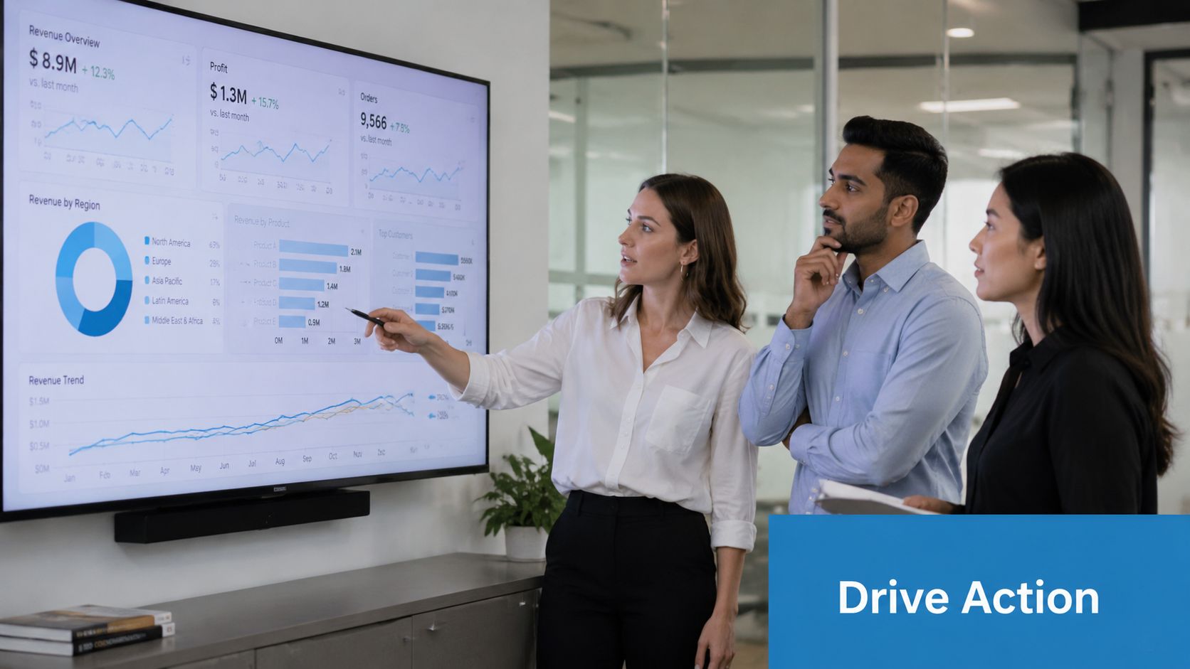 Three business professionals analyzing data on a large wall display in a modern corporate office setting.
