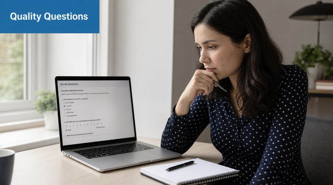 A woman thoughtfully filling out an online customer satisfaction survey on her laptop while sitting at a desk.