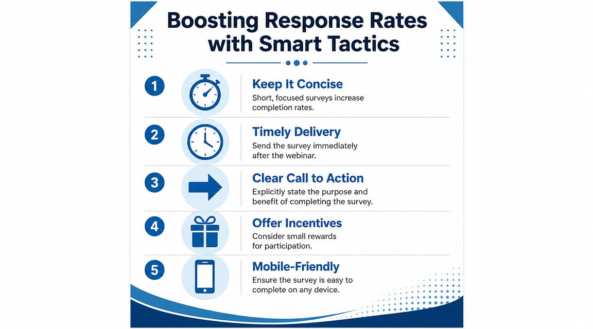 An infographic listing five smart tactics to boost survey response rates after hosting a webinar.