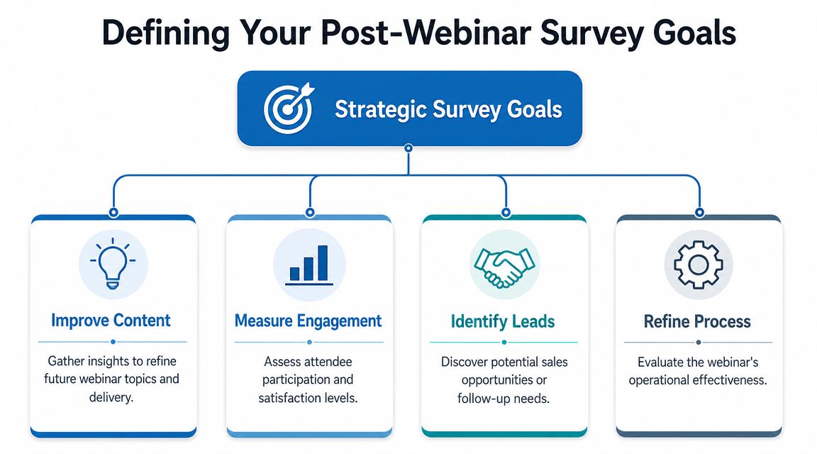 A flow chart outlining four key strategic goals for creating an effective post-webinar survey strategy.