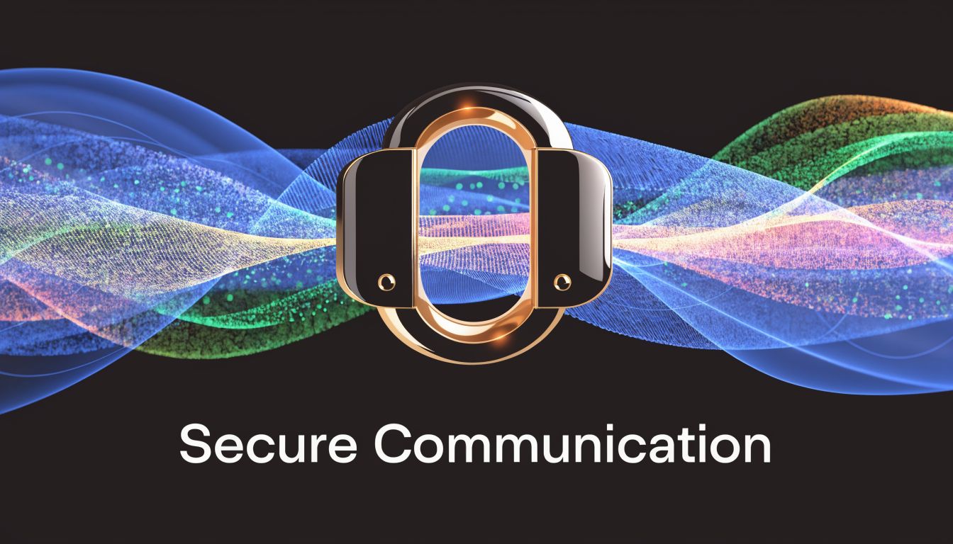 A glossy golden metallic icon resembling a lock symbol centered over abstract colorful digital wave patterns.