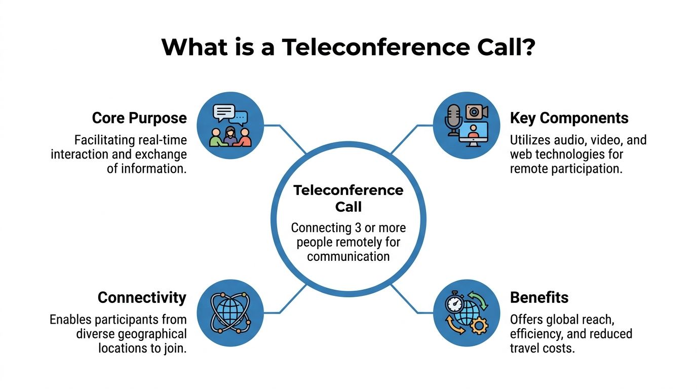 An infographic titled What is a Teleconference Call outlining its purpose, components, connectivity, and various benefits.