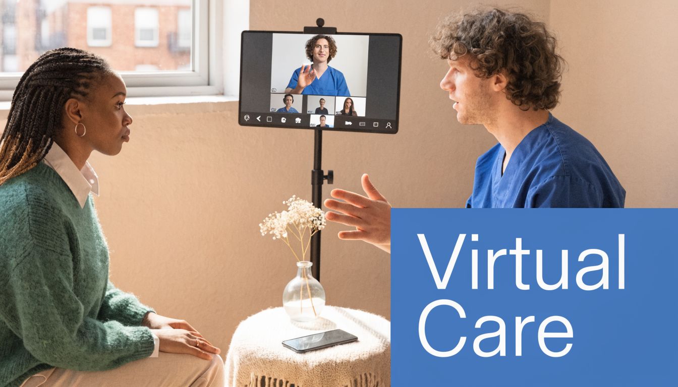 A male nurse consults with a female patient during a virtual care teleconference session via tablet.