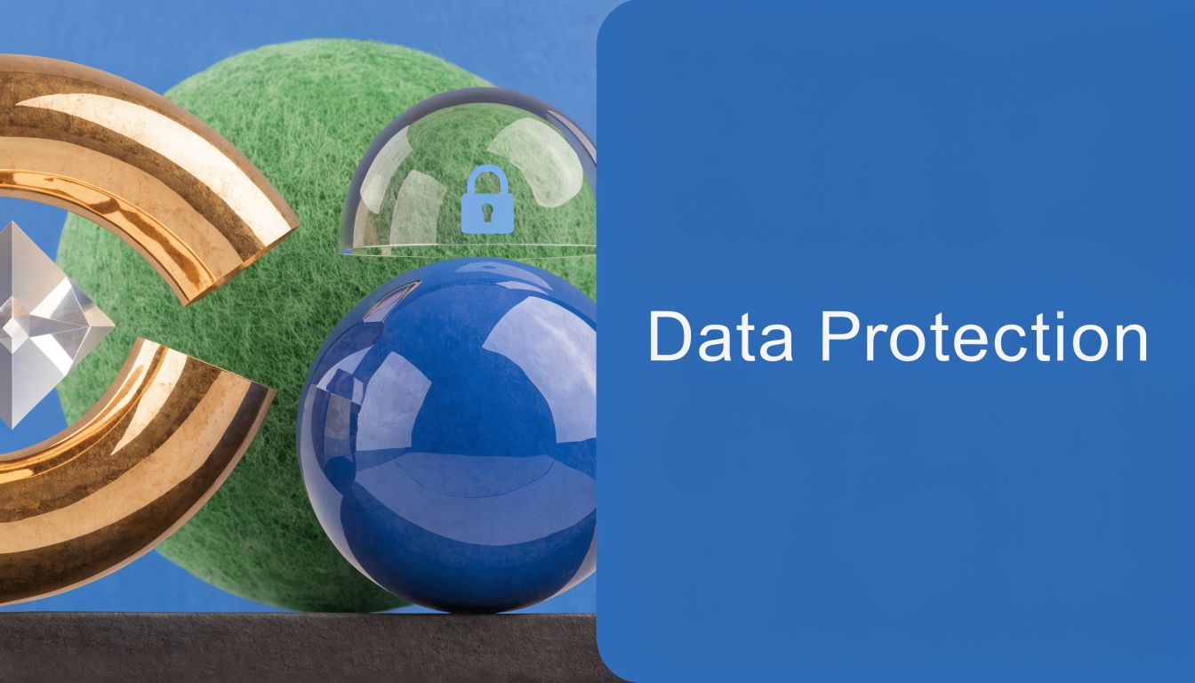 A 3D rendering featuring a golden circular frame, a blue sphere, and a lock icon representing data protection.