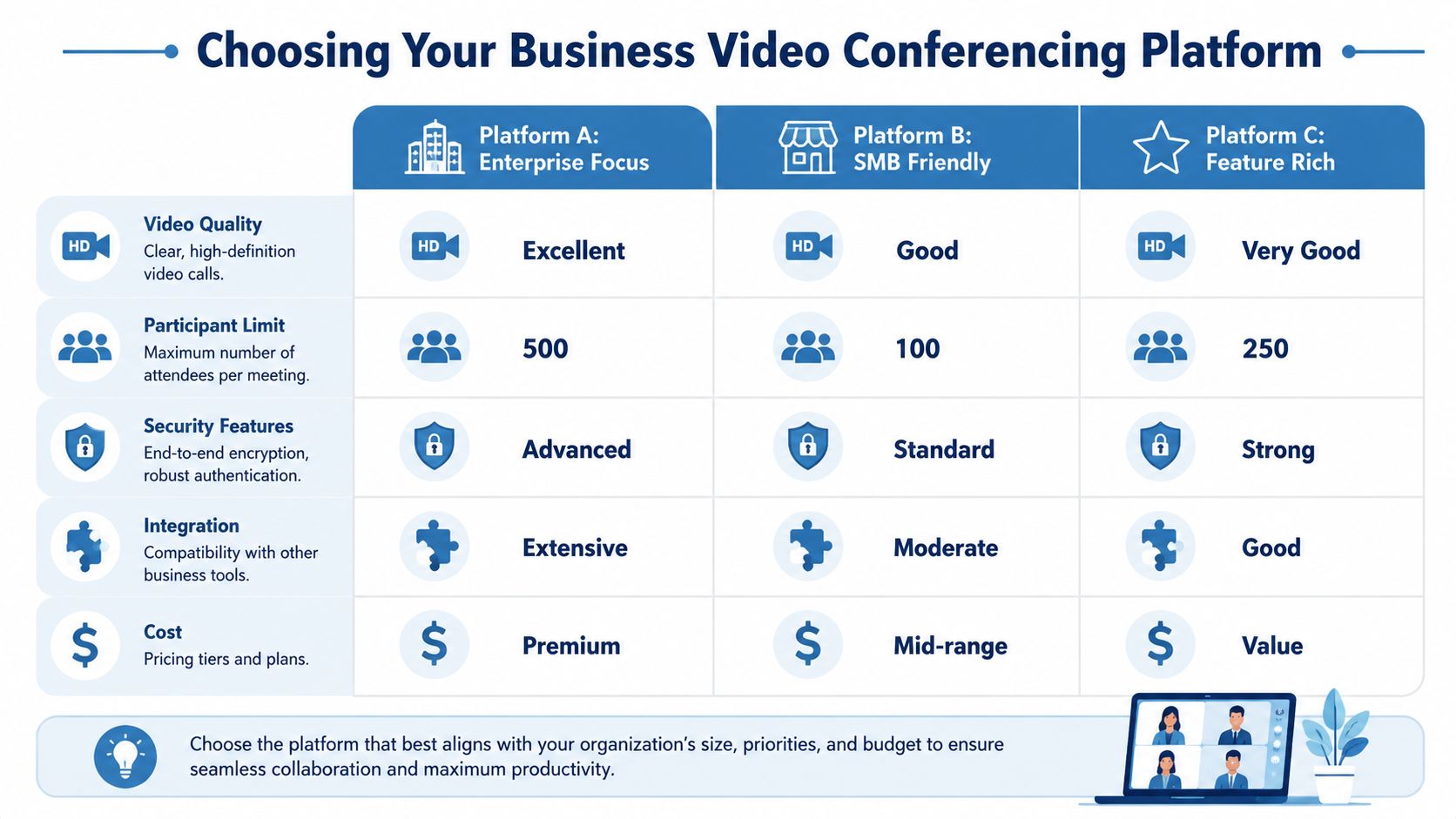 A comparison chart outlining features of three different business video conferencing platforms for organizations.