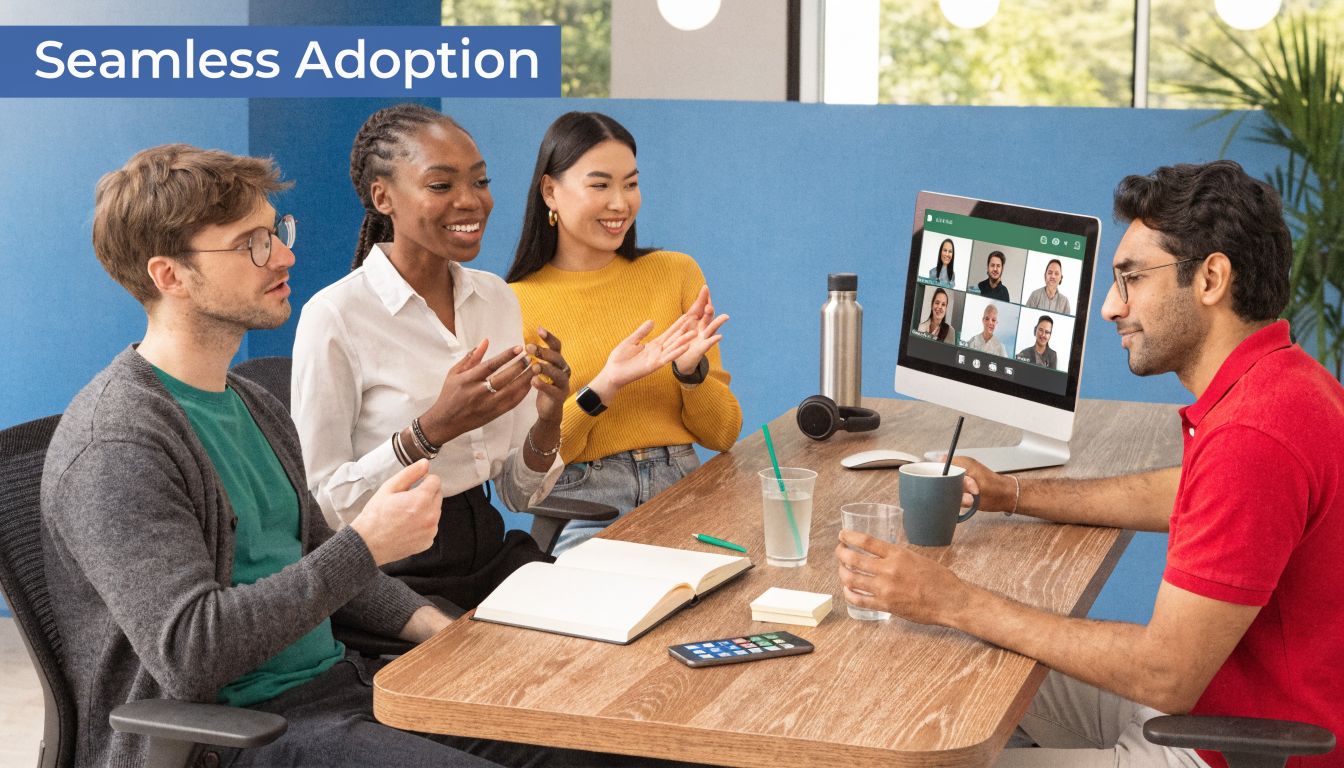 A diverse team of professionals collaborating in a bright, modern office with a video conferencing monitor.
