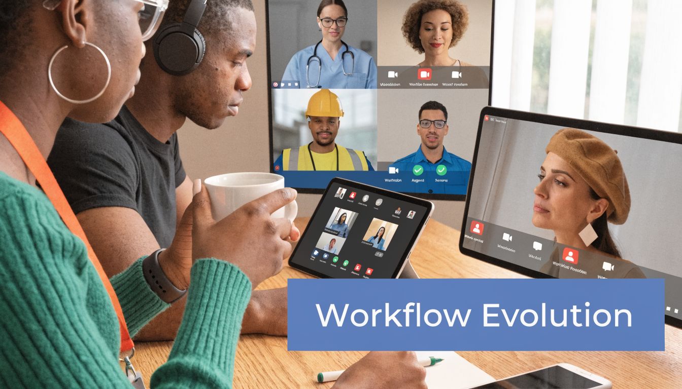 A diverse group of professionals working together while participating in a remote video conference on multiple screens.