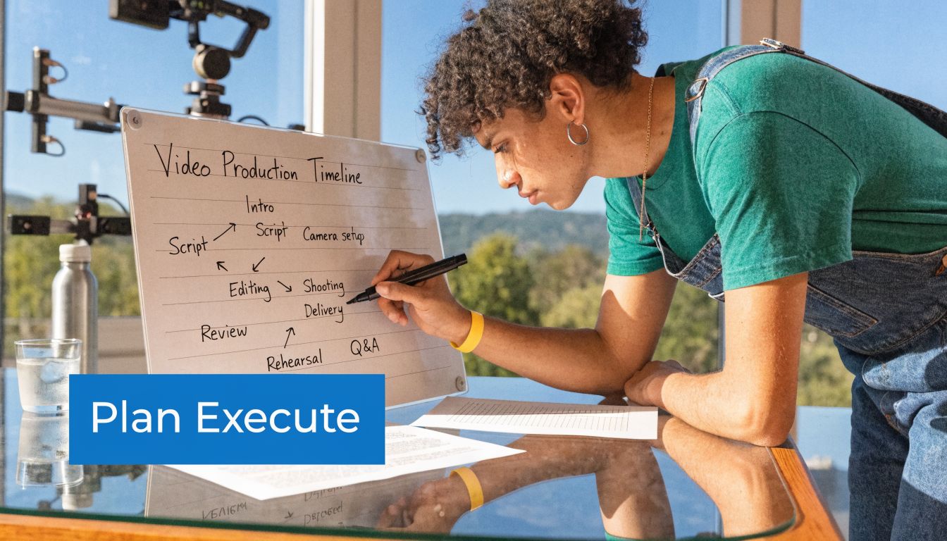A person writing a video production timeline on a whiteboard while standing at a glass desk.