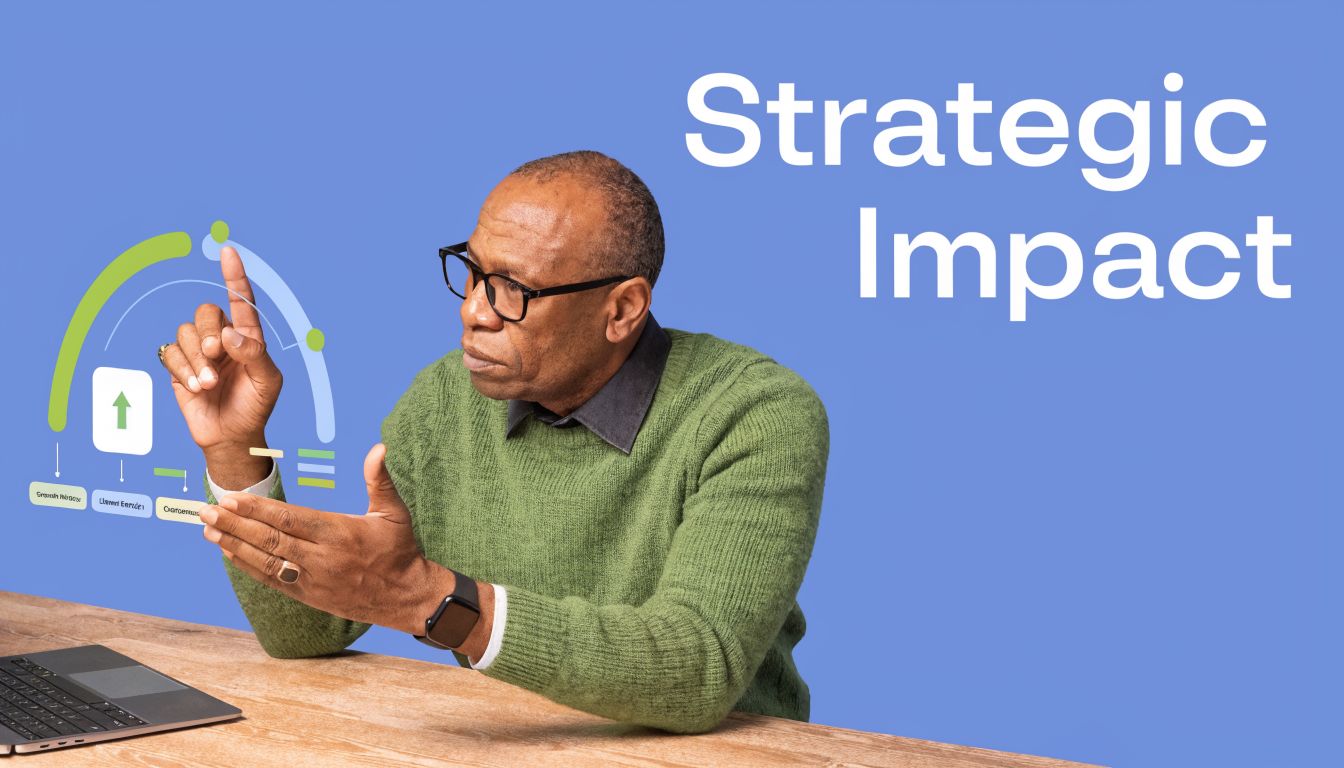 A professional man gesturing toward digital business growth graphics on a blue background, labeled Strategic Impact.