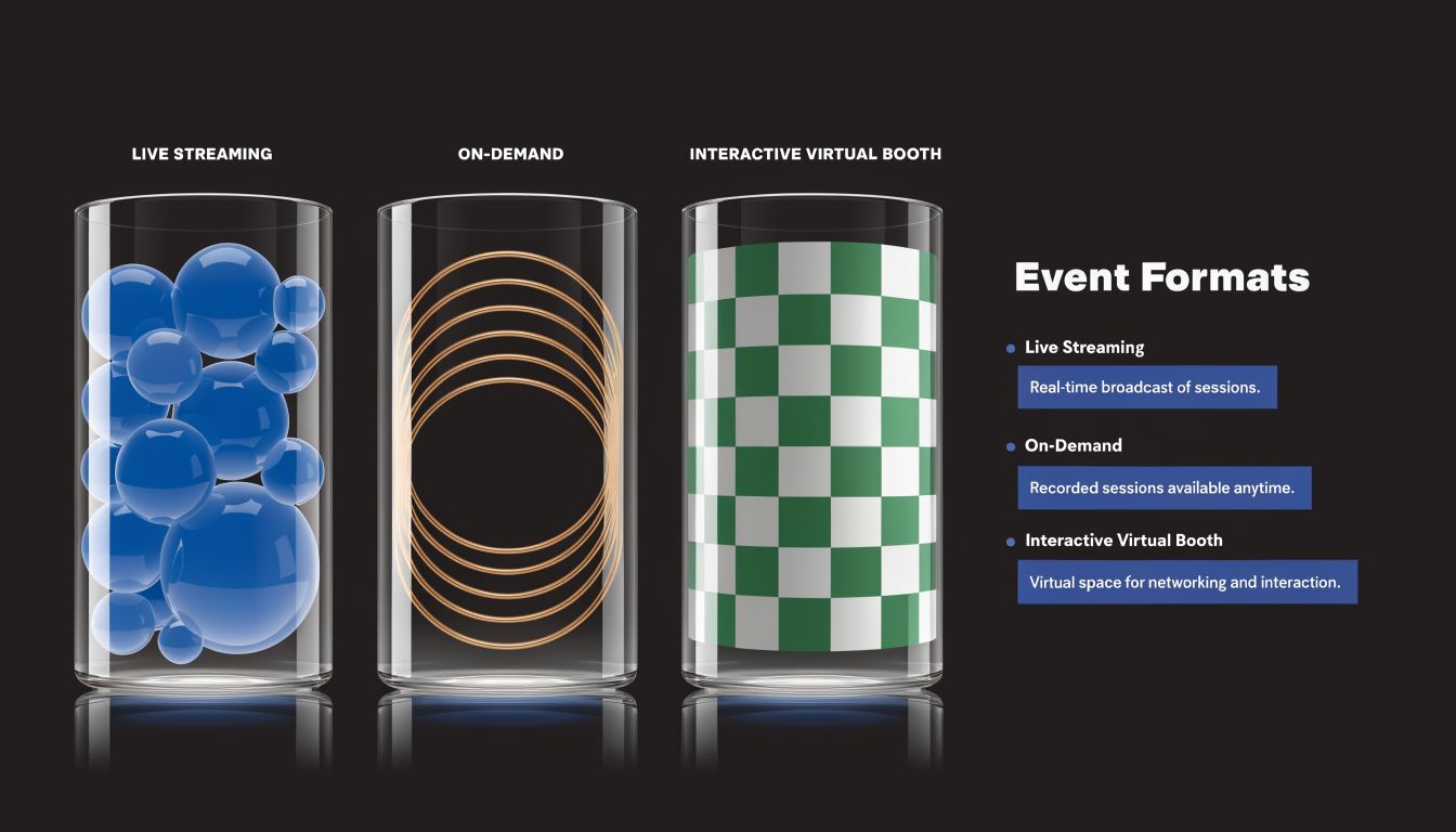 A graphic illustration comparing live streaming, on-demand sessions, and interactive virtual booths for virtual trade shows.