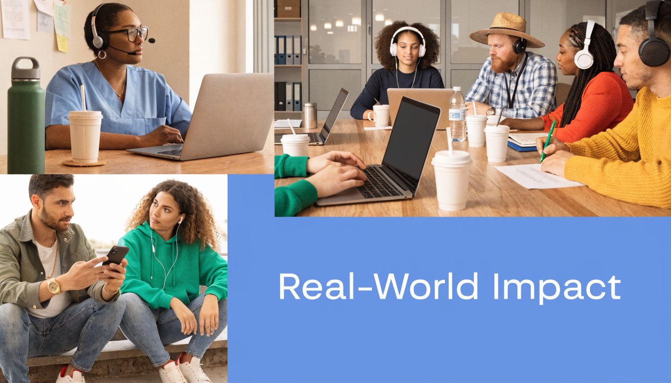 A collage showing diverse professionals working in offices and remote settings during virtual video teleconference calls.