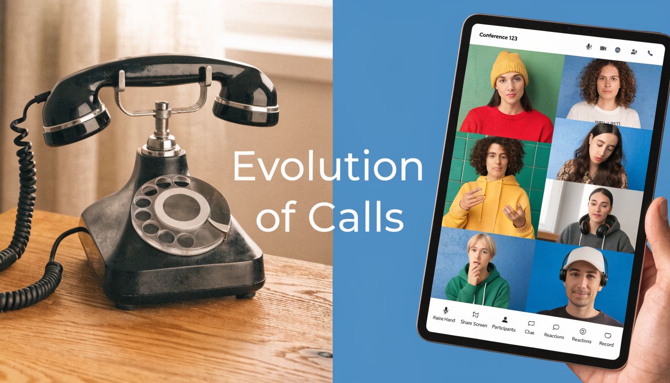 A split image contrasting an antique rotary telephone with a modern tablet displaying a virtual video conference.