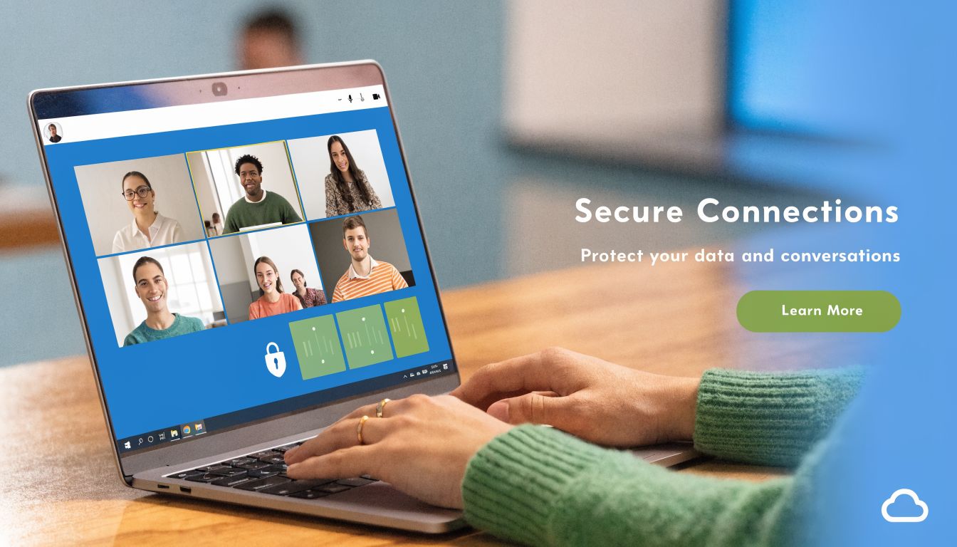 A person using a laptop to participate in a secure group video teleconference call while working remotely.