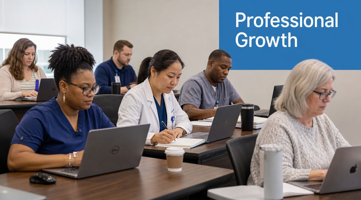A diverse group of professionals working on laptops and taking notes in a modern classroom setting.