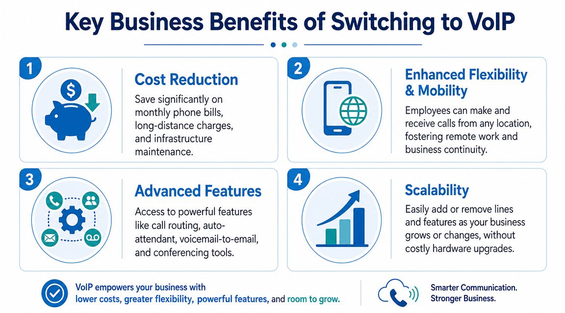 An infographic showing four key business benefits of switching to a VoIP phone system for communication.