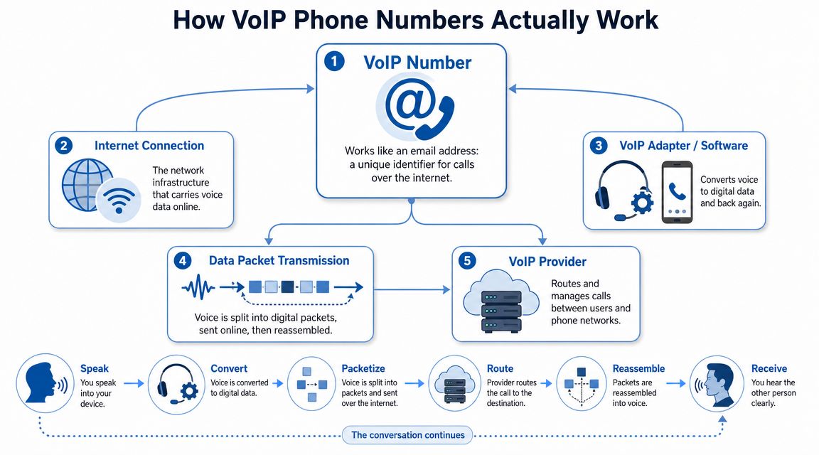A diagram explaining how VoIP phone numbers function through digital data transmission over the internet.