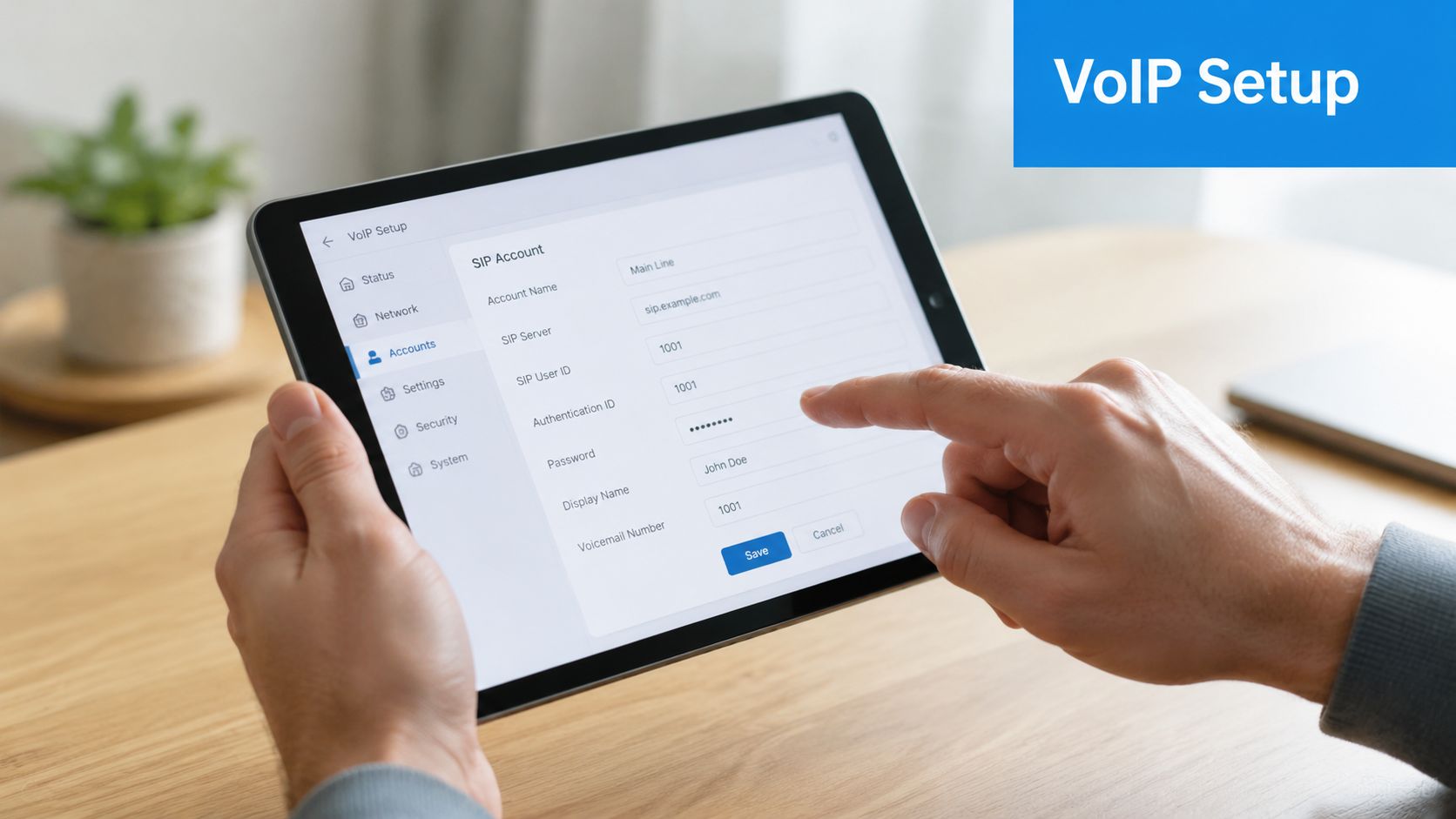 A person using a tablet to configure VoIP settings with SIP account credentials on a wooden desk.