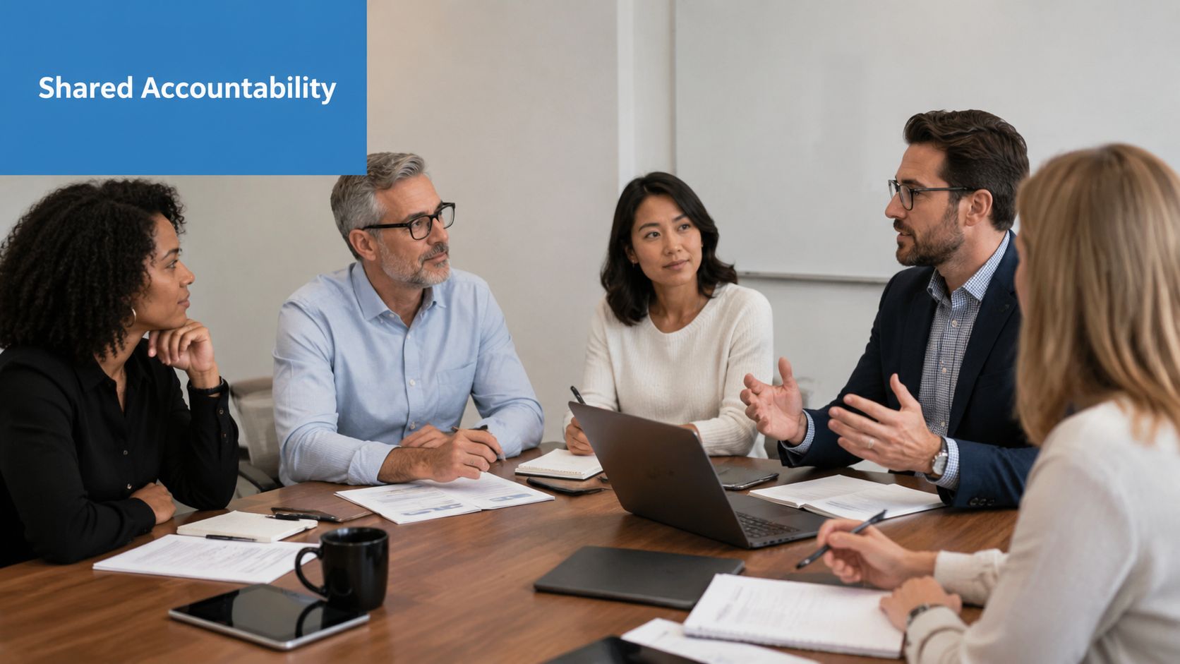 A professional team of diverse people having a collaborative discussion during a business meeting in an office.