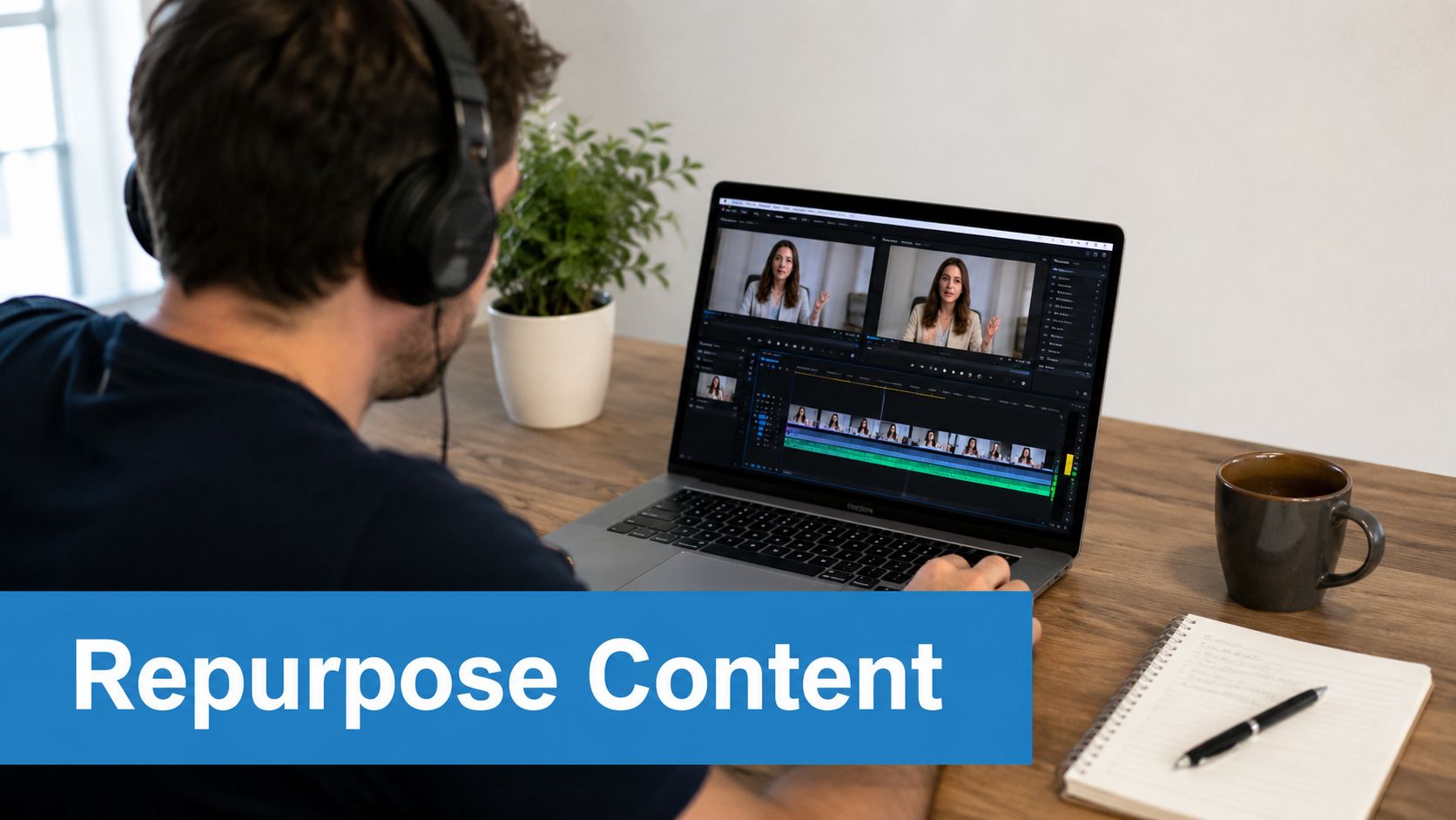 A person editing webinar video content on a laptop while wearing professional over-ear headphones.