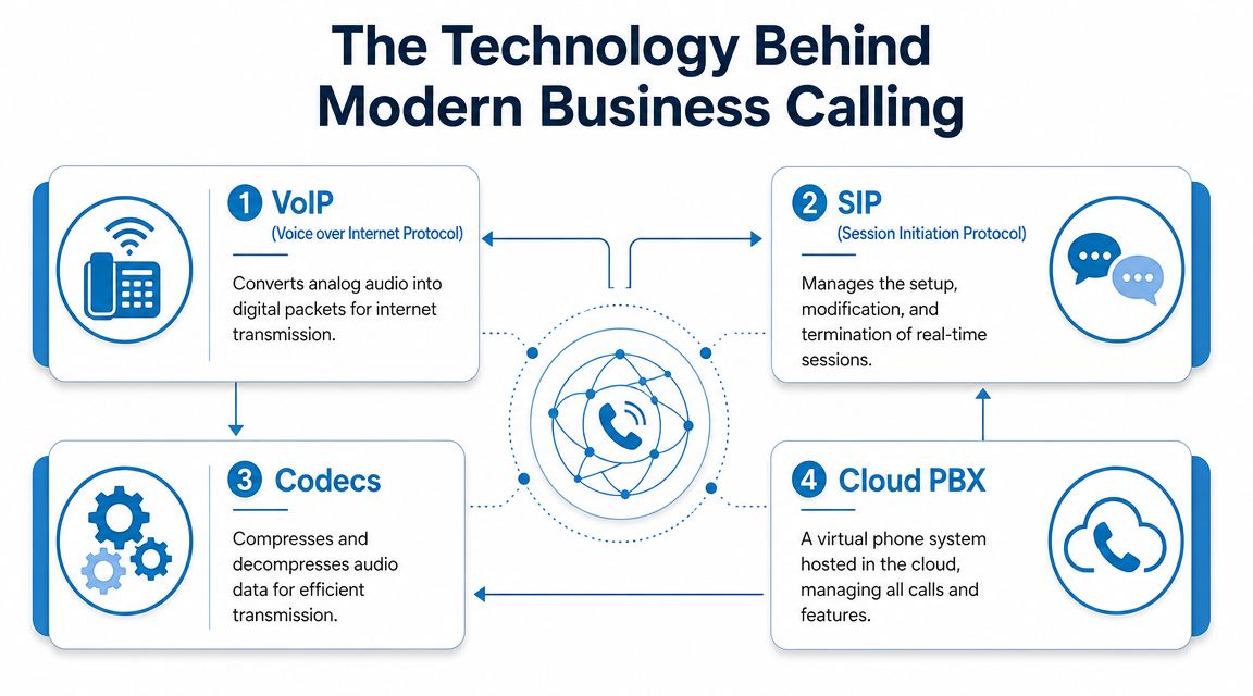A diagram illustrating the four key technologies behind modern business calling: VoIP, SIP, Codecs, and Cloud PBX.
