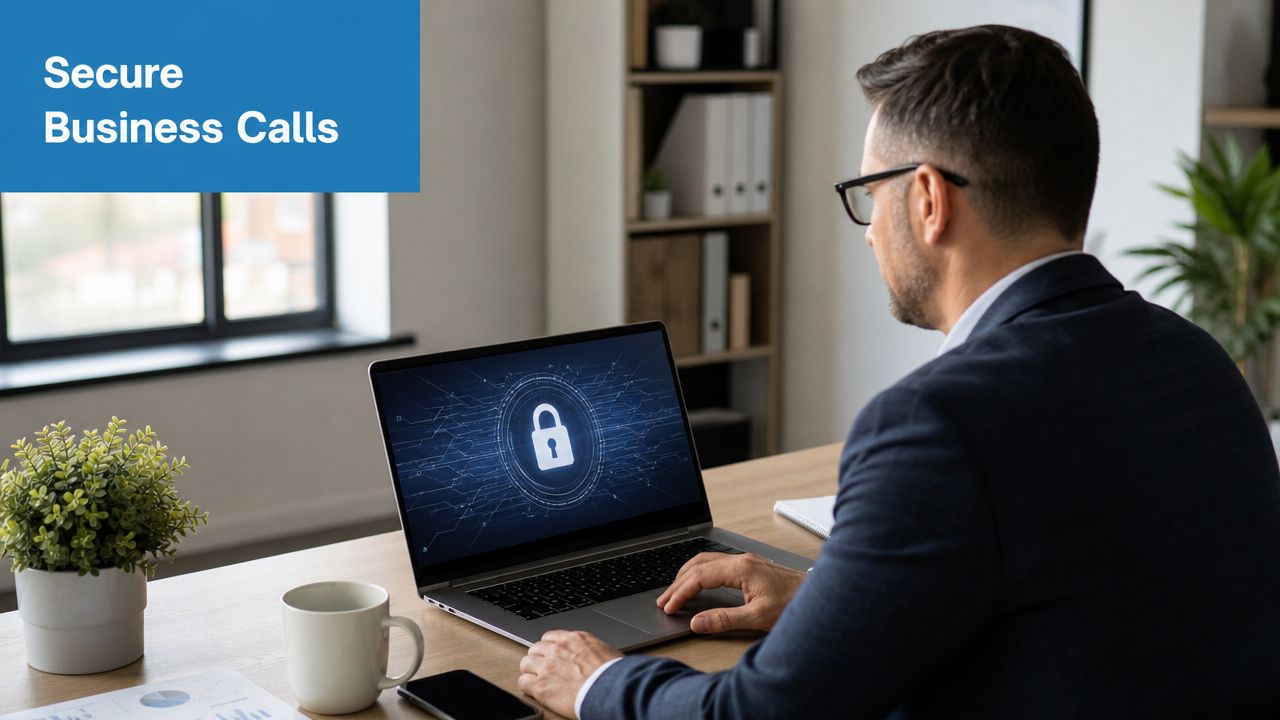 A professional man in a suit working on a laptop displaying a secure digital lock icon.