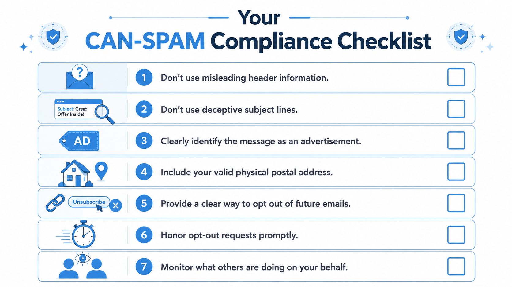 A checklist illustrating seven key compliance rules for the CAN-SPAM Act in a clean graphic design.