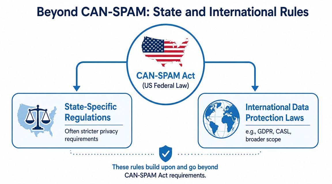 A diagram comparing US federal CAN-SPAM laws with state-specific regulations and international data protection laws.