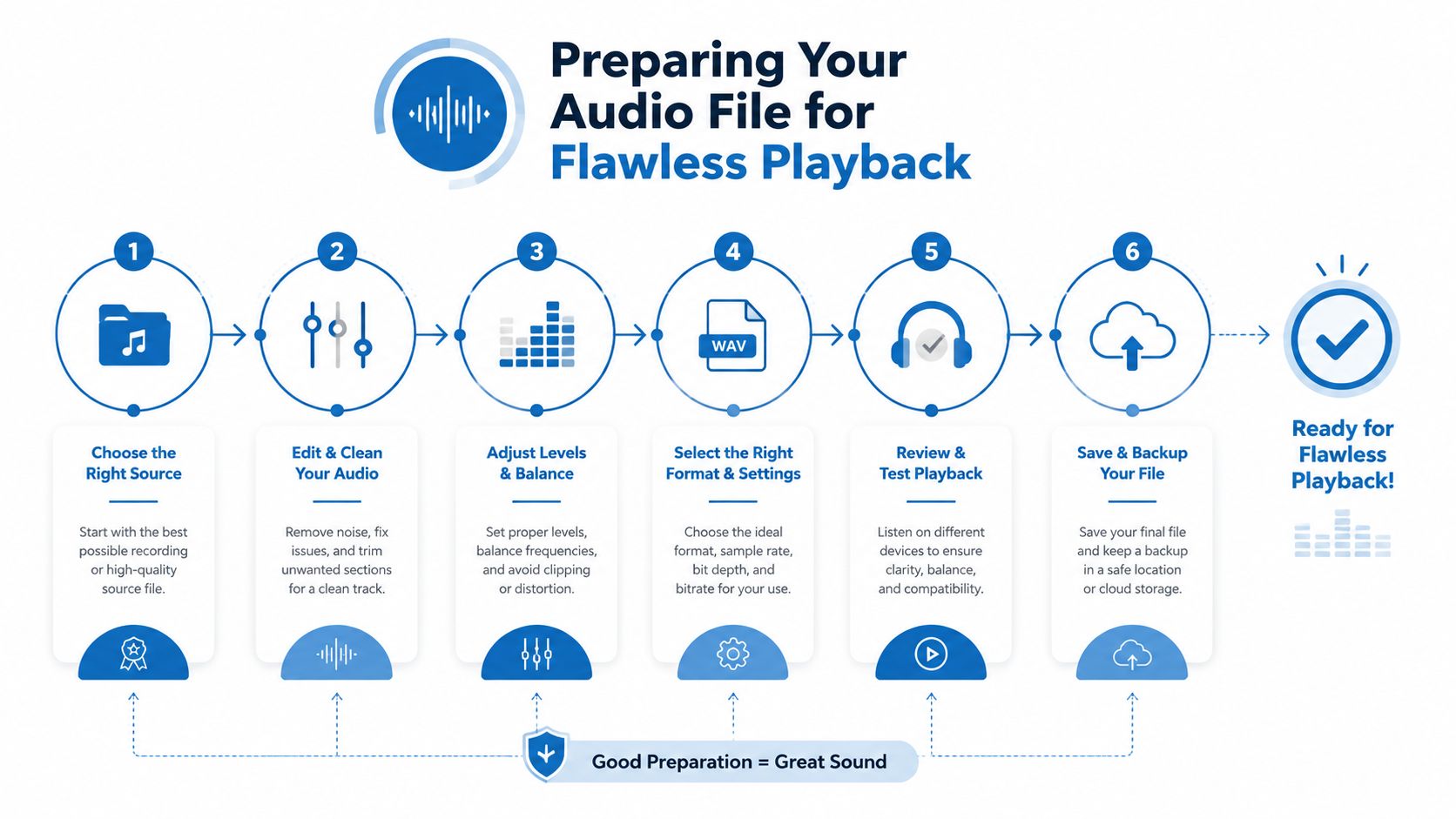 A six-step infographic guide on preparing audio files for professional playback, from recording to final backup.