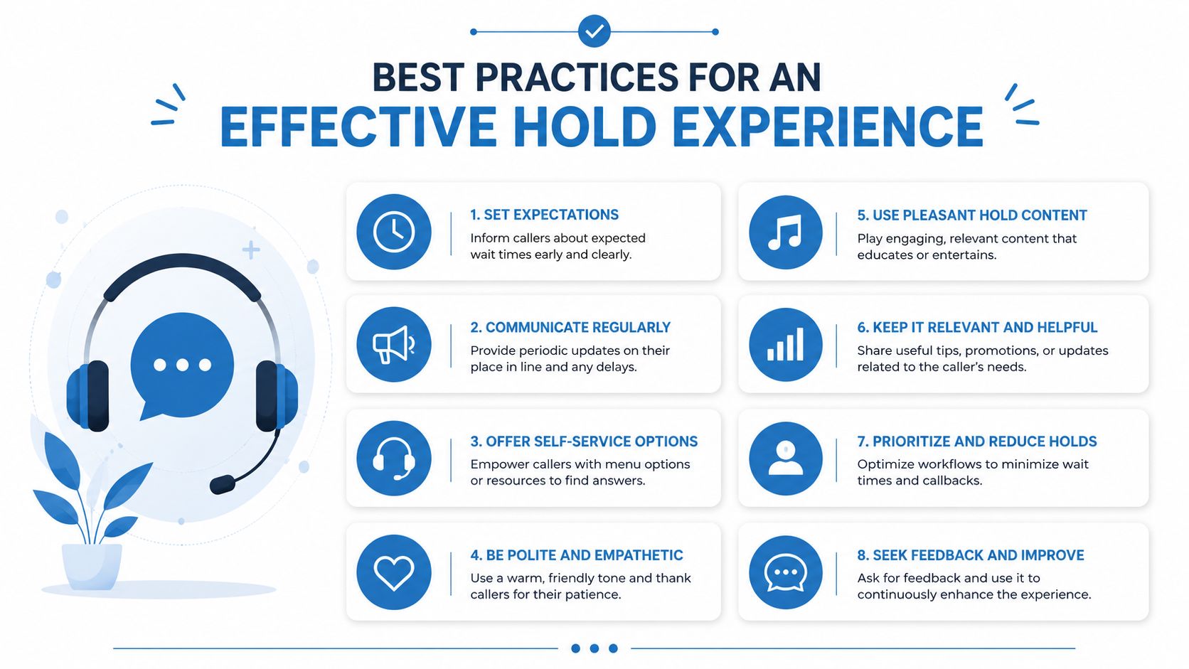 An infographic titled Best Practices for an Effective Hold Experience featuring eight tips for managing customer wait times.
