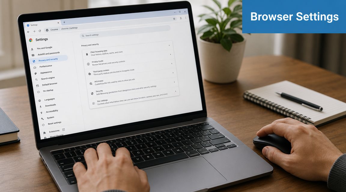 A person using a laptop to navigate the privacy and security settings menu in Google Chrome browser.