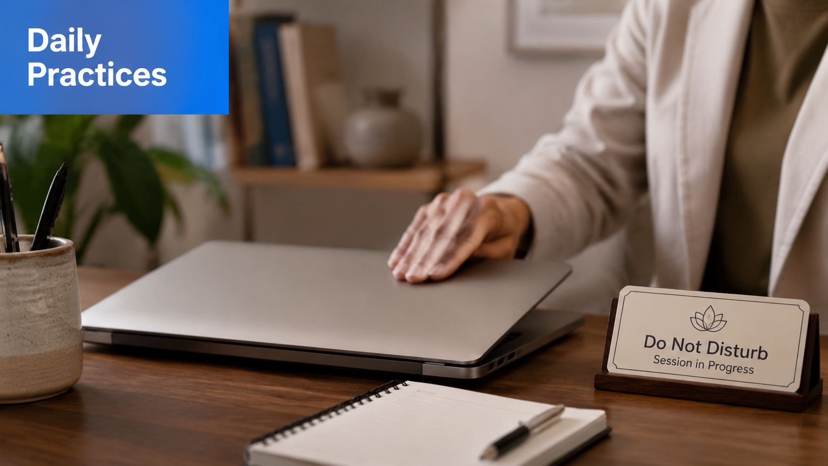 A professional closing a laptop on a desk with a sign that reads Do Not Disturb.