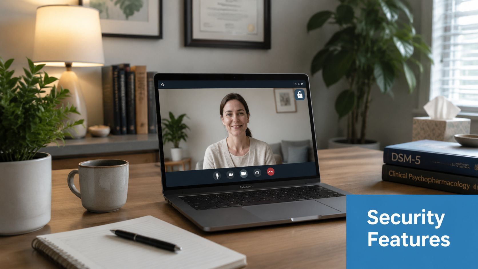 A professional laptop screen displaying a secure video conferencing session with a therapist in a home office.