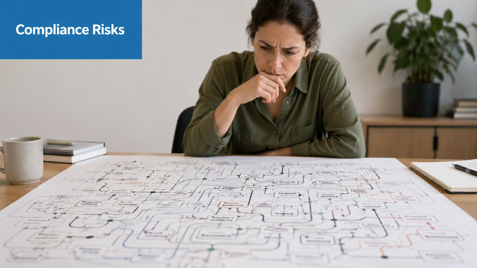A focused woman sitting at a desk studying a complex flowchart related to organizational compliance risks.