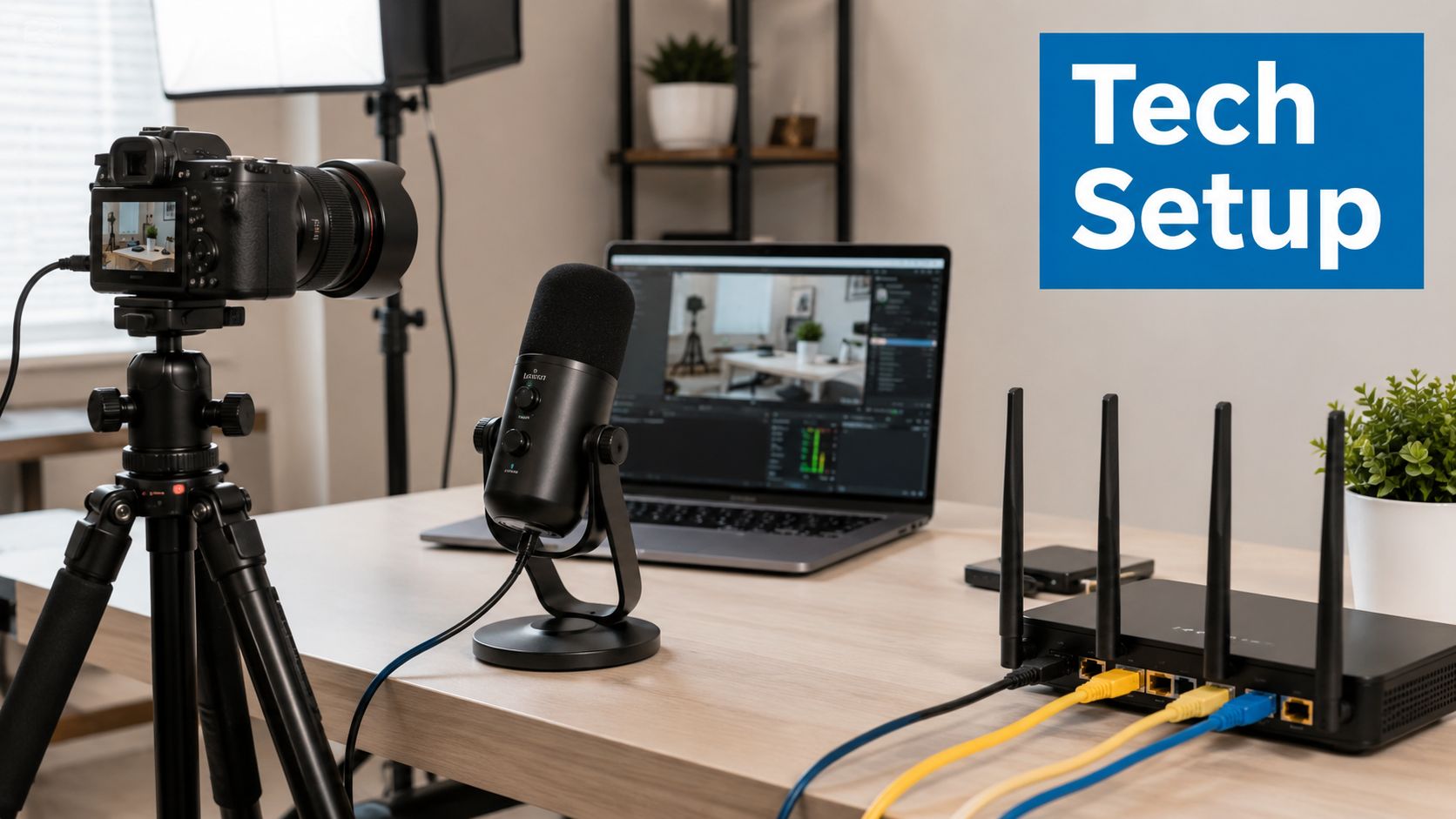 A professional tech setup featuring a camera, microphone, laptop, and router on a clean wooden desk.