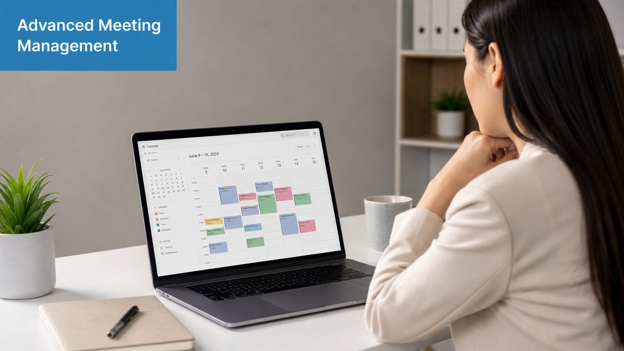 A professional woman working at her desk while reviewing her digital calendar on a laptop screen.