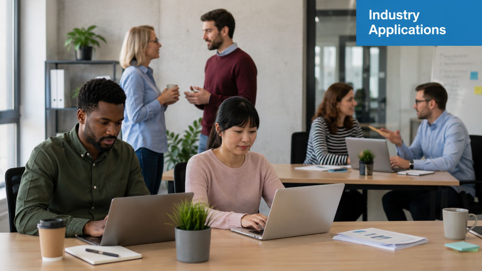 A diverse group of professionals working in a collaborative and modern hybrid office environment.