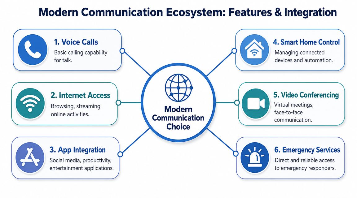 A diagram illustrating the features and integrations of a modern communication ecosystem including voice, internet, and apps.