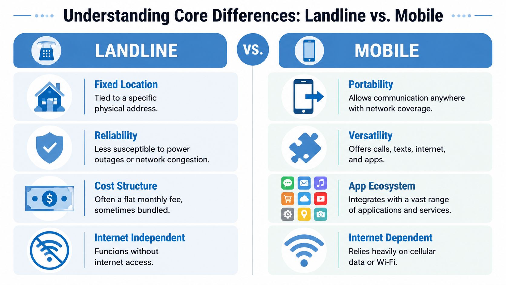 A comparison infographic showing key differences between traditional landline telephone services and modern mobile cellular devices.