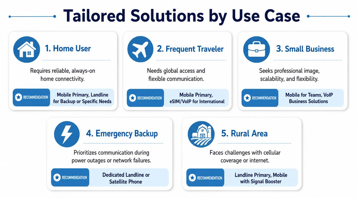 A chart illustrating tailored communication solutions for home users, travelers, businesses, emergencies, and rural area residents.