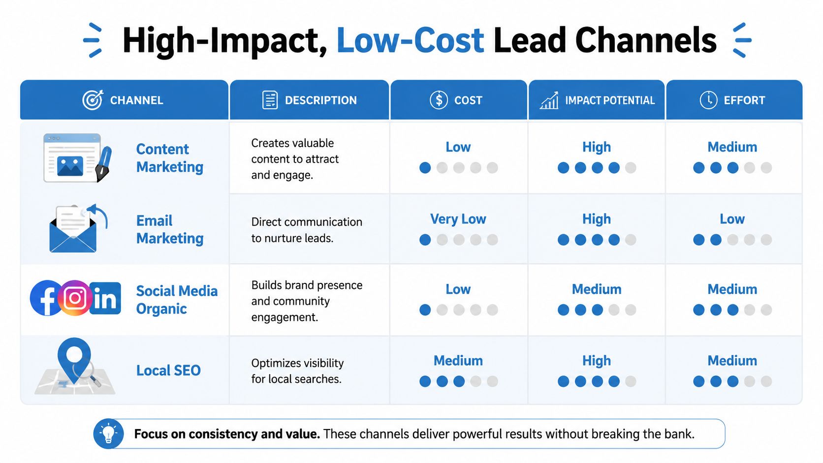 A comparison chart showing four low-cost lead generation channels for businesses based on cost, impact, and effort.