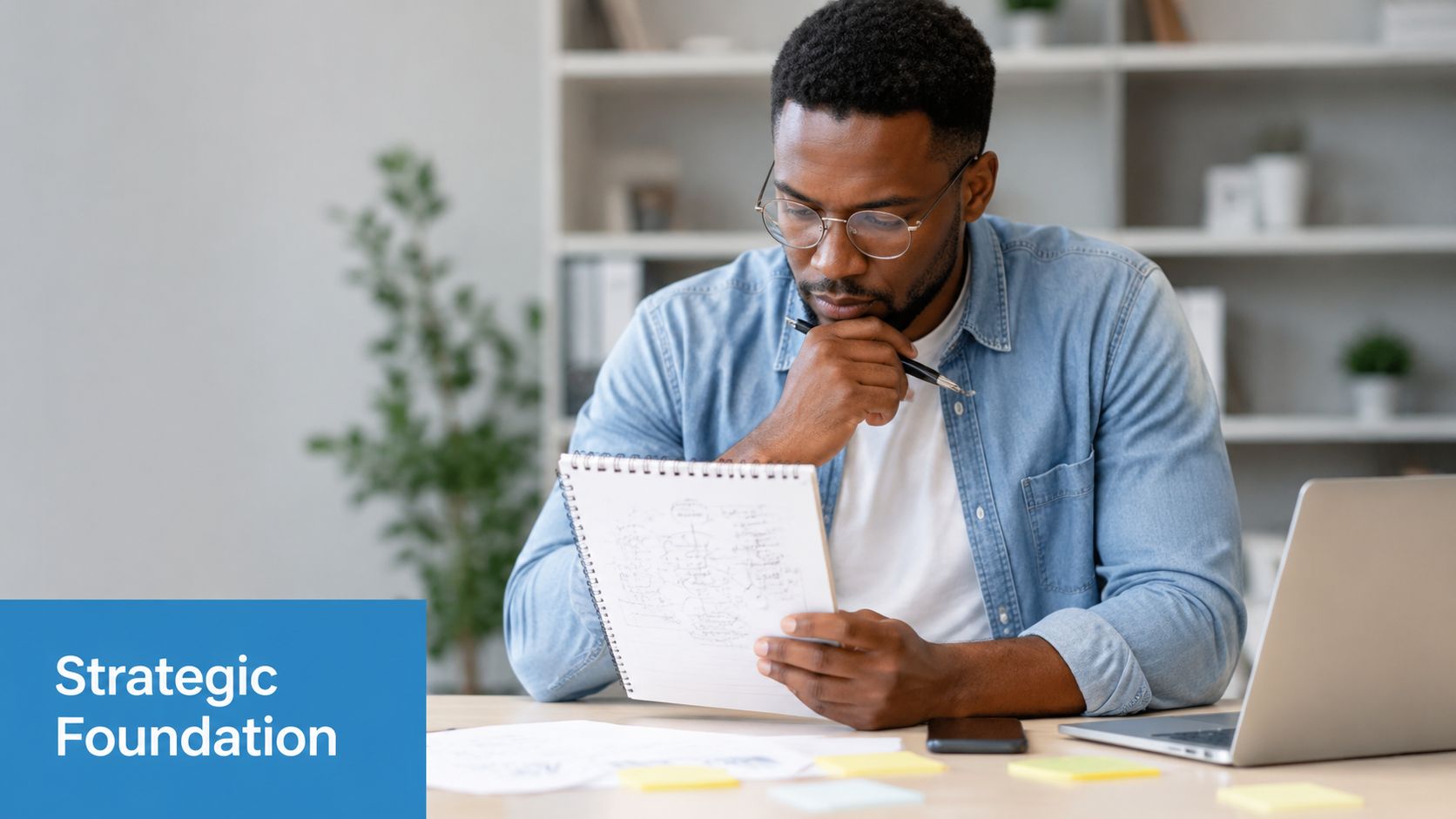 A professional man sitting at a desk reviewing complex business notes in a notebook for strategic planning.