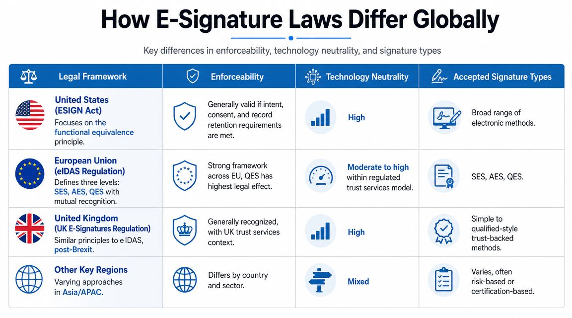 A comparison chart outlining global e-signature laws, including legal frameworks for the US, EU, UK, and other regions.