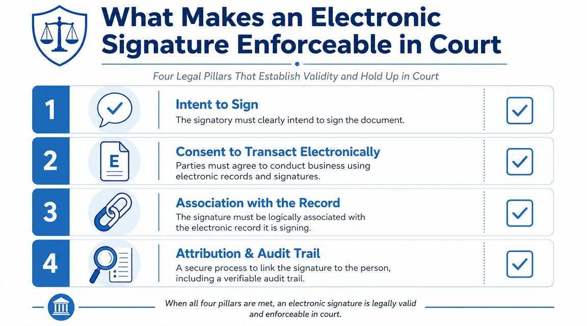 An infographic detailing the four essential legal pillars required for electronic signatures to be enforceable in court.
